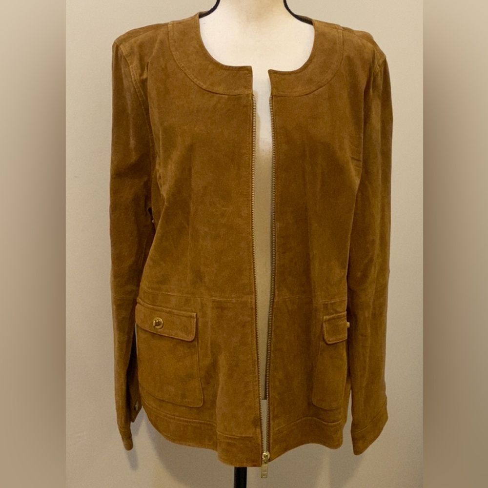 Liz Claiborne Suede Zip-Front Jacket in Cognac Brown